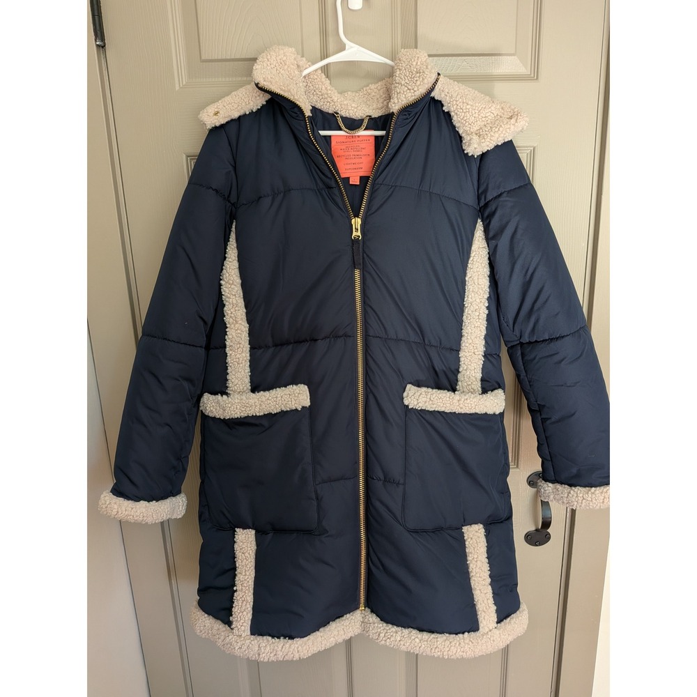 J.Crew Snowday Signature Puffer Jacket PrimaLoft Navy Sherpa Trim Womens L BD004